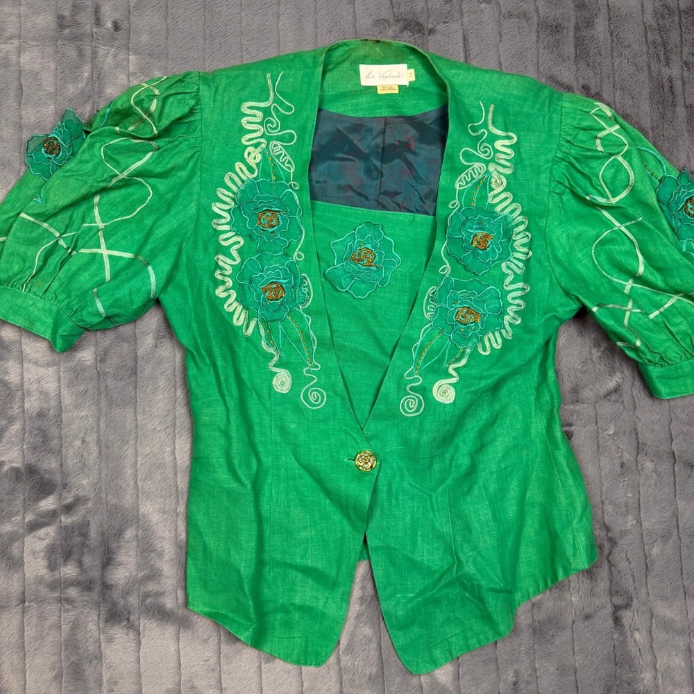 La Vagabonde Vintage 100% Linen Green Floral Applique Blazer Jacket Womens 14